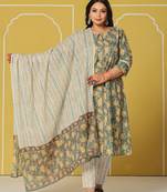 green cotton a-line plus size kurta set
