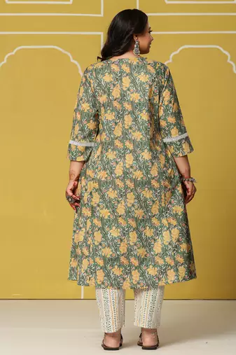 green cotton a-line plus size kurta set