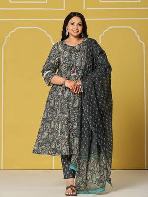 navy blue cotton a-line plus size kurta set 1