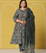 navy blue cotton a-line plus size kurta set