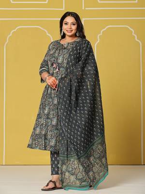 navy blue cotton a-line plus size kurta set 2