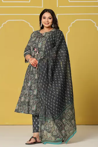navy blue cotton a-line plus size kurta set