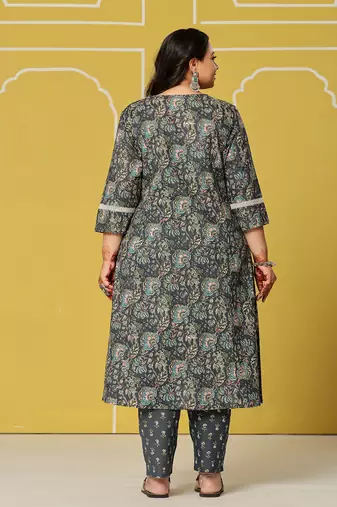 navy blue cotton a-line plus size kurta set