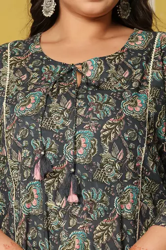 navy blue cotton a-line plus size kurta set