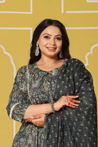navy blue cotton a-line plus size kurta set