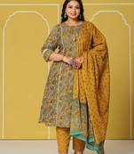 yellow cotton a-line plus size kurta set