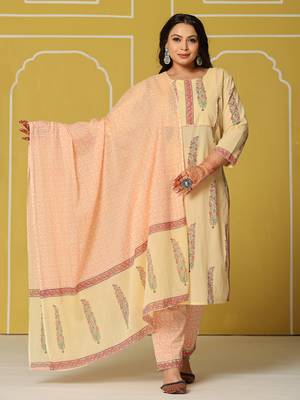cream cotton straight plus size kurta set 1