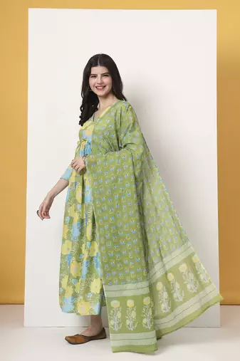 green pure cotton maternity anarkali kurta trouser dupatta set
