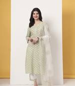 green and white cotton straight kurta dupatta set