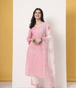 pink and white cotton straight kurta dupatta set