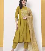 mustard pure cotton kantha work a-line kurta dupatta pant set
