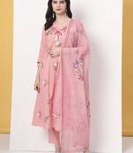 pink pure cotton kantha work kurta dupatta pant set