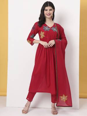 pure cotton red anarkali kurta dupatta pant set 1