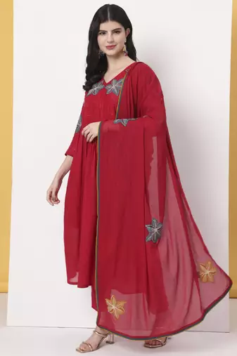 pure cotton red anarkali kurta dupatta pant set