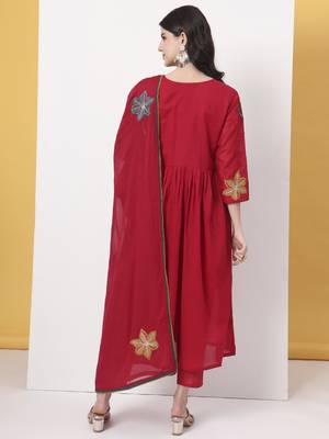 pure cotton red anarkali kurta dupatta pant set 3