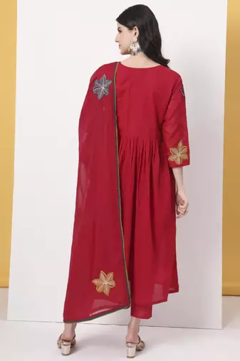 pure cotton red anarkali kurta dupatta pant set