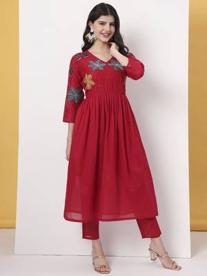 pure cotton red anarkali kurta dupatta pant set 5
