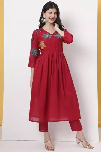 pure cotton red anarkali kurta dupatta pant set