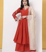 orange roman silk anarkali kurta dupatta plazo set