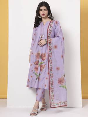 lavender linen cotton a line kurta dupatta pant set 1