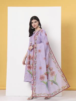 lavender linen cotton a line kurta dupatta pant set 2