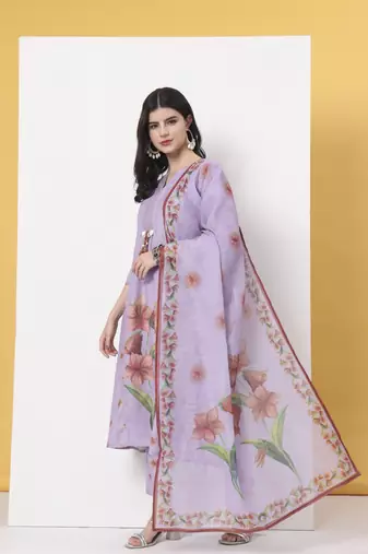 lavender linen cotton a line kurta dupatta pant set