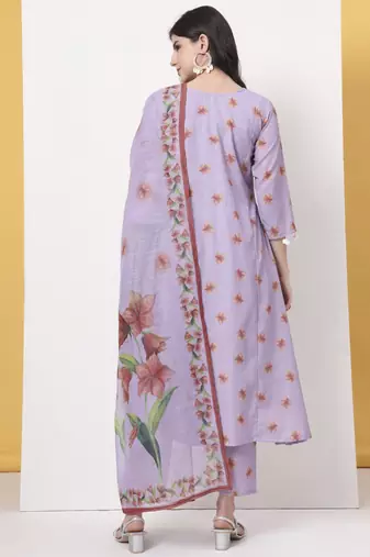 lavender linen cotton a line kurta dupatta pant set