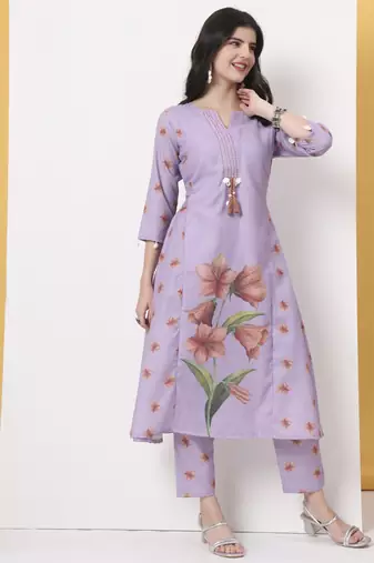 lavender linen cotton a line kurta dupatta pant set