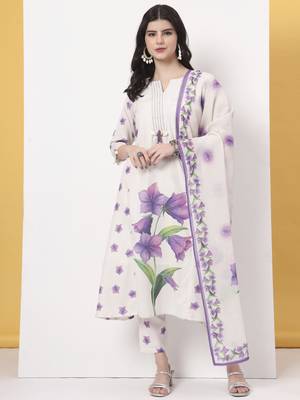 white linen cotton a line kurta dupatta pant set 1