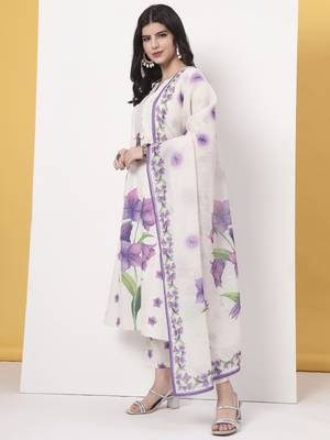 white linen cotton a line kurta dupatta pant set 2