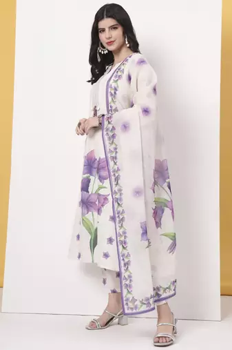white linen cotton a line kurta dupatta pant set