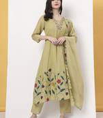 green pure cotton a-line thread work kurta dupatta set