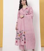 pink pure cotton a-line thread work kurta dupatta set