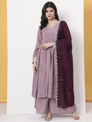 silk purple anarkali kurta dupatta palazzo set 1