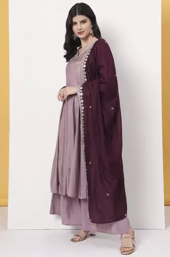 silk purple anarkali kurta dupatta palazzo set