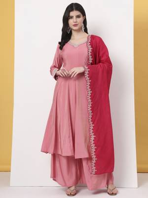 silk pink a line kurta dupatta palazzo set 1