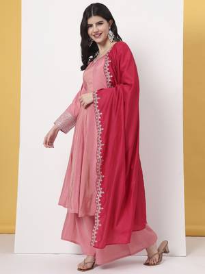 silk pink a line kurta dupatta palazzo set 2