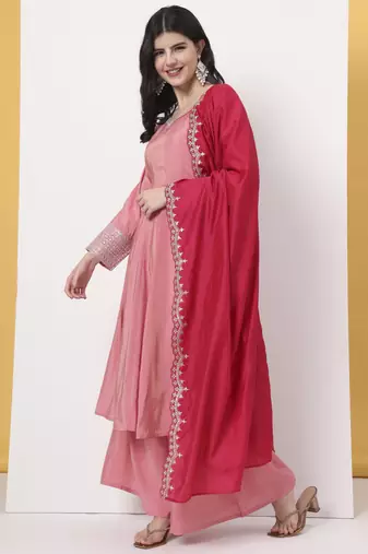 silk pink a line kurta dupatta palazzo set