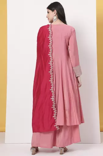 silk pink a line kurta dupatta palazzo set