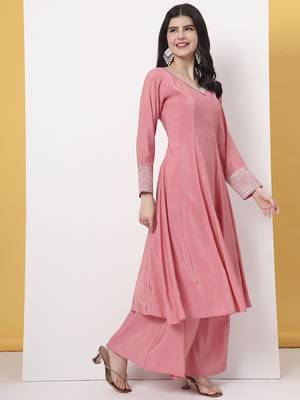 silk pink a line kurta dupatta palazzo set 5