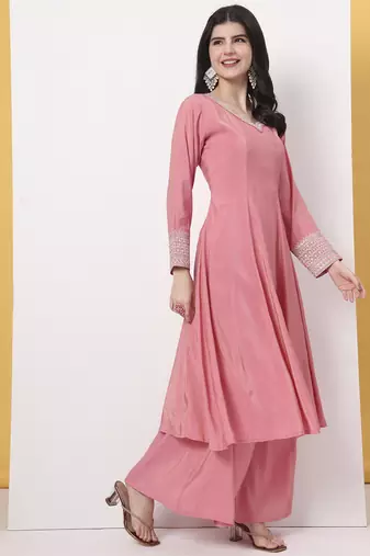 silk pink a line kurta dupatta palazzo set