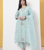 sea green thread work,lace work a-line kurta dupatta pant set