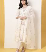 white thread work,lace work a-line kurta dupatta pant set