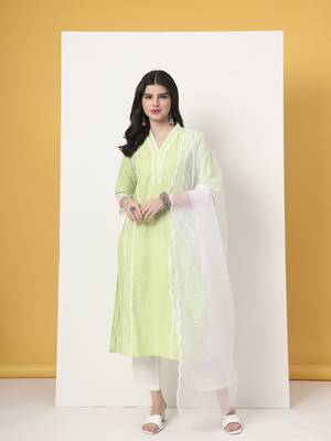premium cotton poplin green kurta dupatta pant set 1