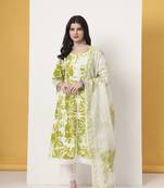 green cotton a-line kurta dupatta pant set