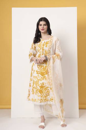mustard cotton a-line kurta dupatta pant set