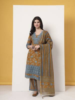 pure cotton mustard kurta dupatta set with lace detailing 1