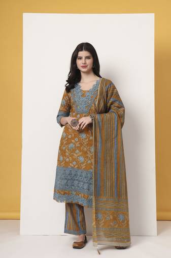 pure cotton mustard kurta dupatta set with lace detailing