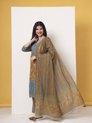 pure cotton mustard kurta dupatta set with lace detailing 2