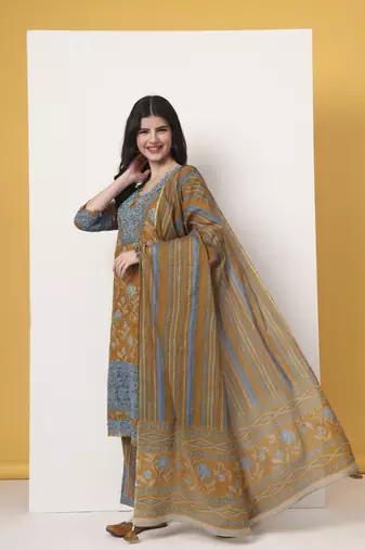 pure cotton mustard kurta dupatta set with lace detailing